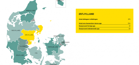 Screenshot af det interaktive landkort på forsiden af elulykker.dk, der viser den geografiske fordeling af antallet af besvarelser